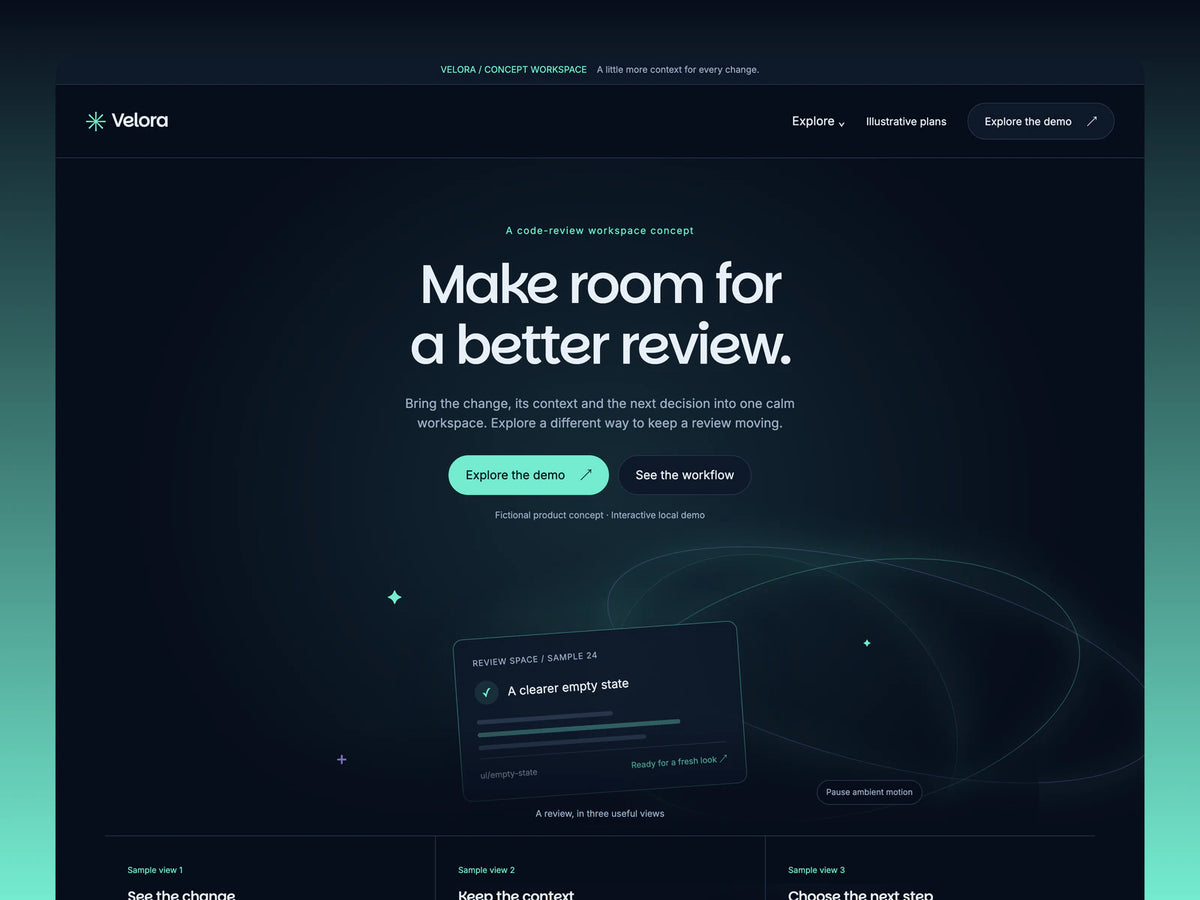Velora homepage preview featuring near-navy surfaces, teal highlights, muted violet details and rounded interface cards.