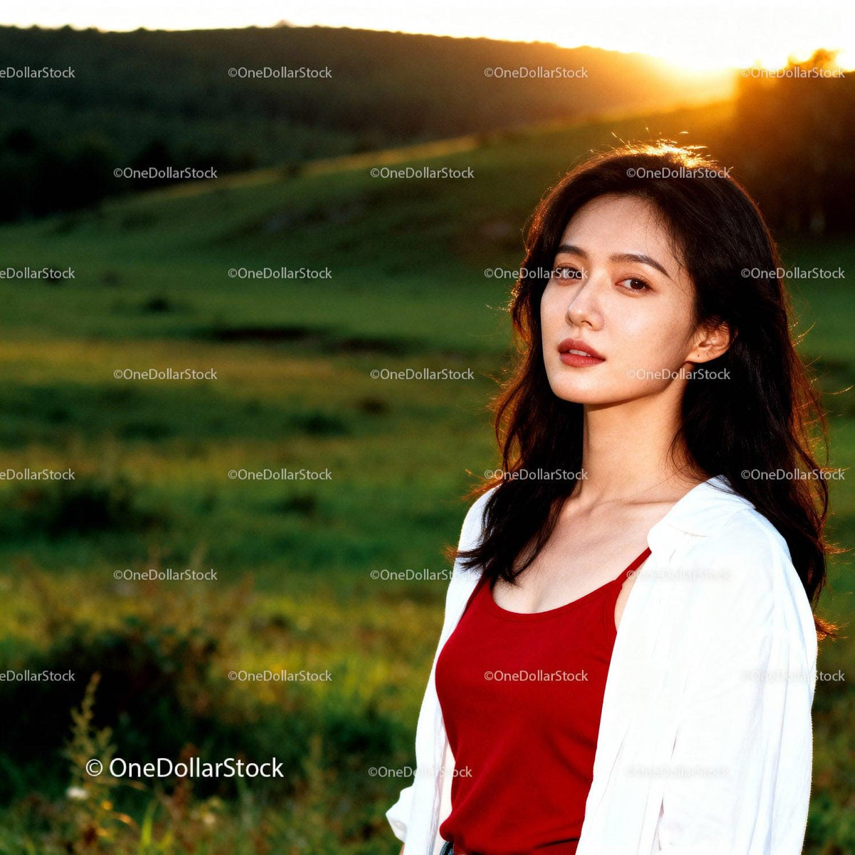Young woman in red top enjoying sunset outdoors