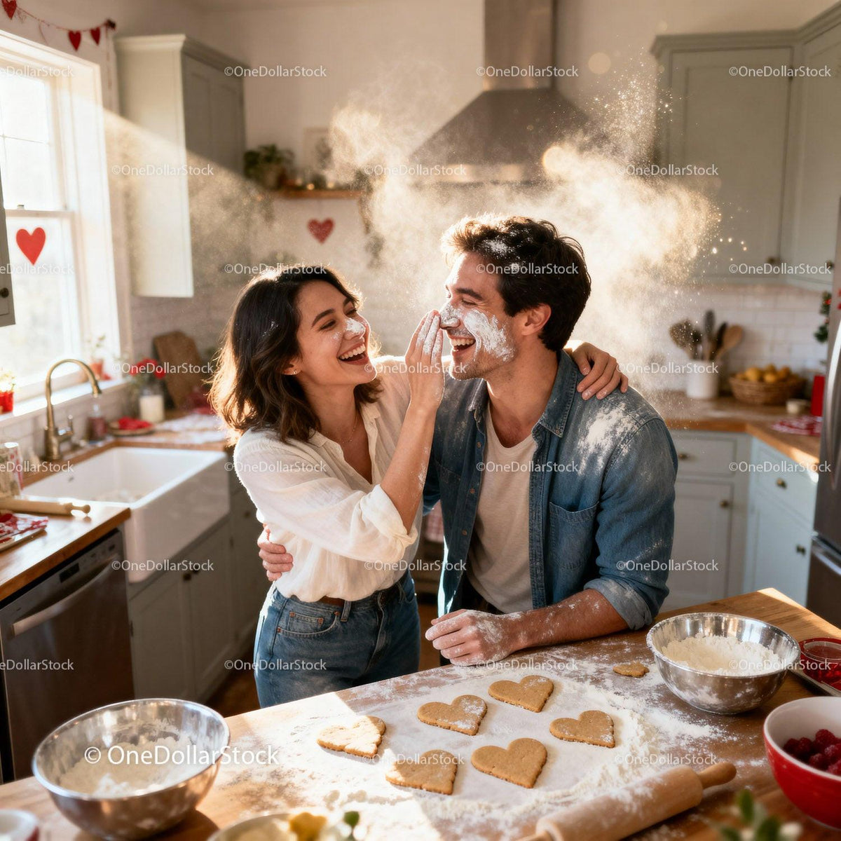 Couple Playfully Baking Heart Cookies in Cozy Kitchen