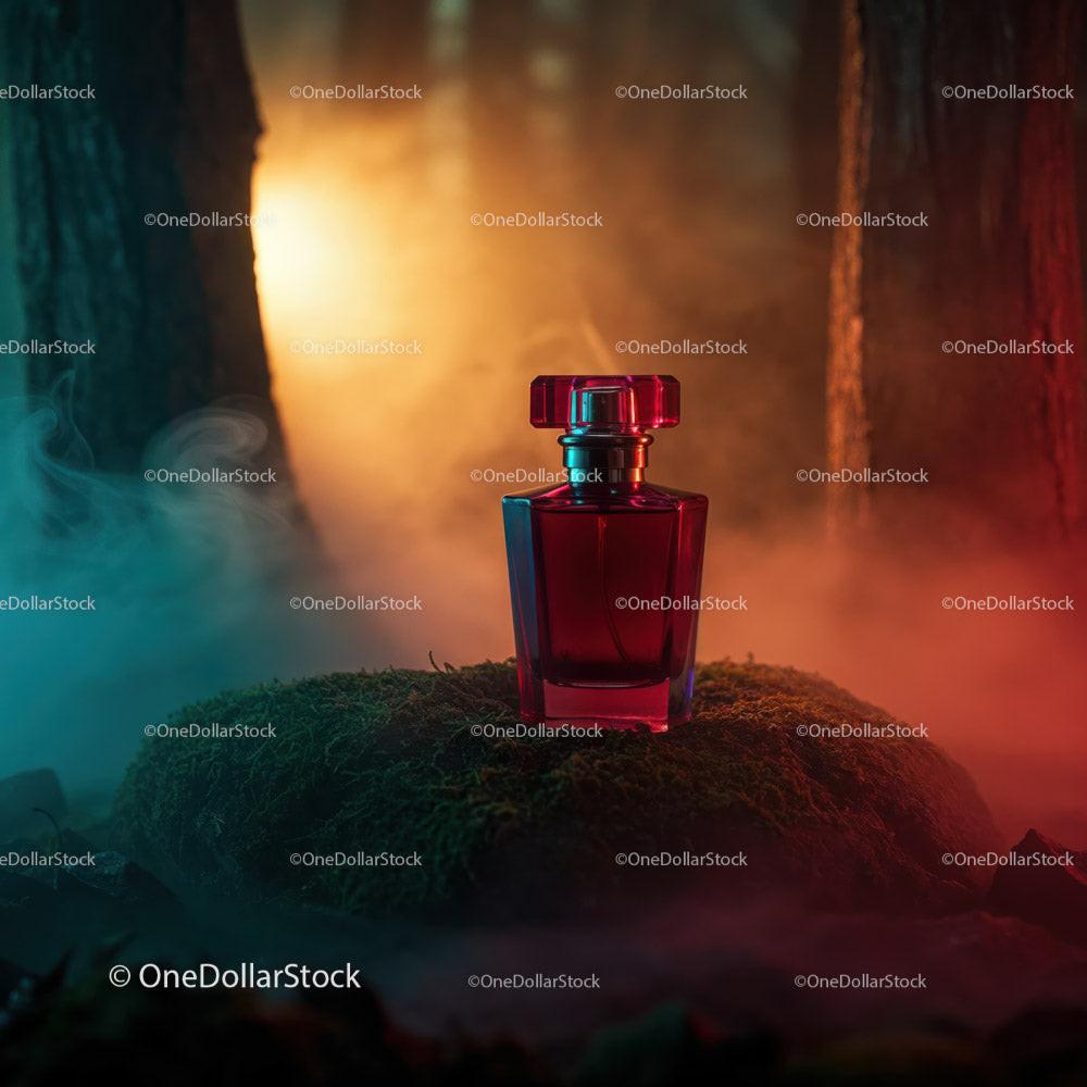 Elegant Red Glass Perfume Bottle in Smoky Enchanted Forest JPG Mockup Image preview