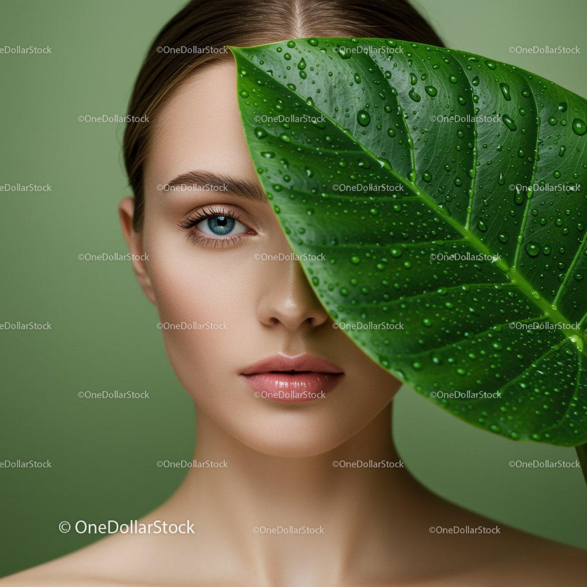 Close-up of Woman with Blue Eyes and Large Green Leaf with Water Droplets