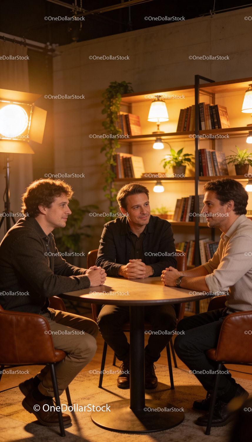 Three men having a thoughtful podcast conversation indoors