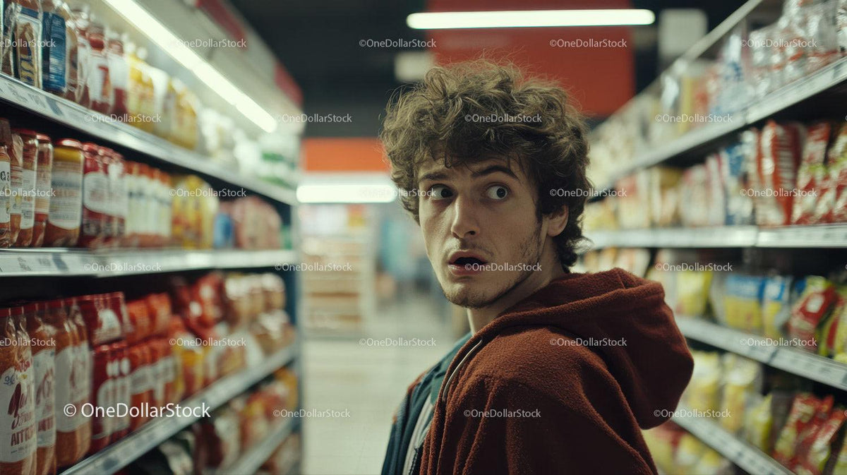 Young man in brown jacket looking behind in grocery store aisle with colorful food packages