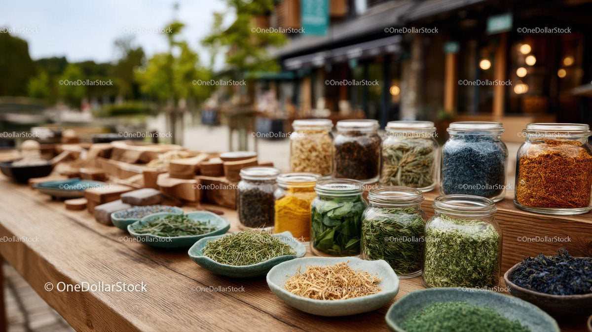 Variety of Dried Herbs Spices in Glass Jars on Wooden Table at Market
