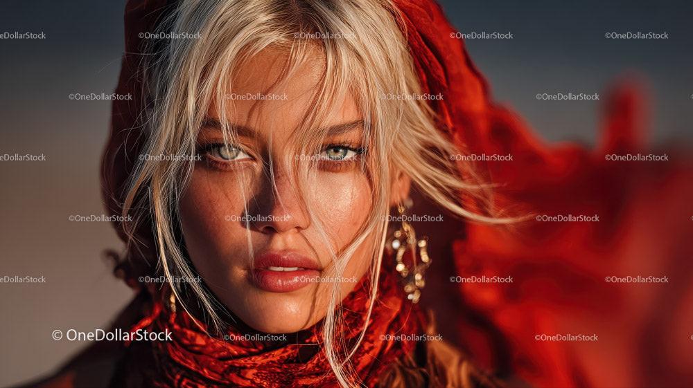 Fashion Portrait of a Blonde Woman in Red Scarf with Blue Eyes