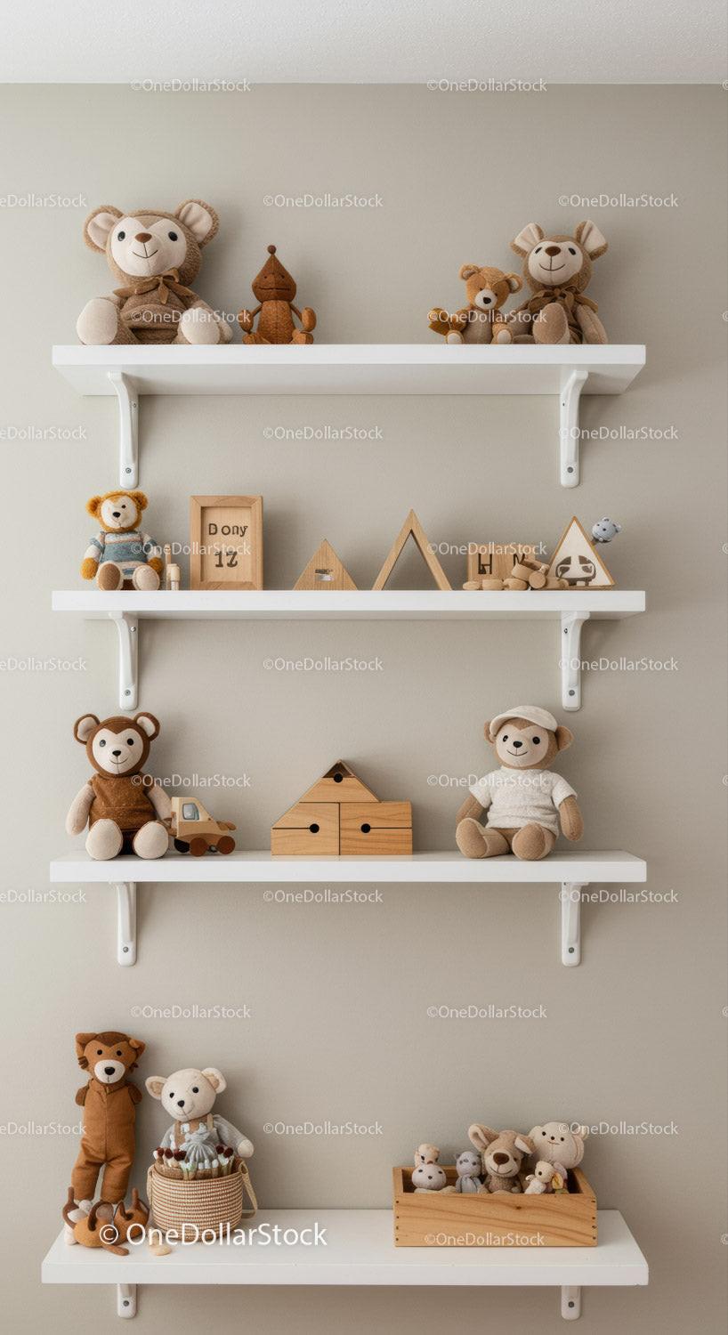 Cute Plush Animals and Wooden Toys in Cozy Baby Room Nursery