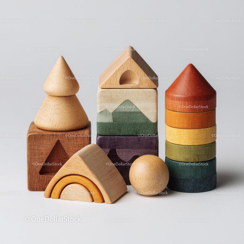 Stacked wooden blocks and ball in natural and colorful finishes on white surface