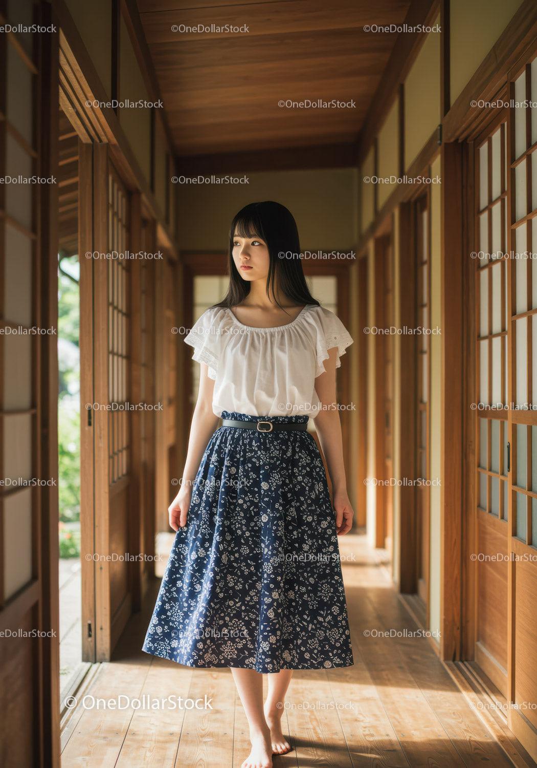 Young Woman in Summer Dress Walking Through Traditional Japanese Interior