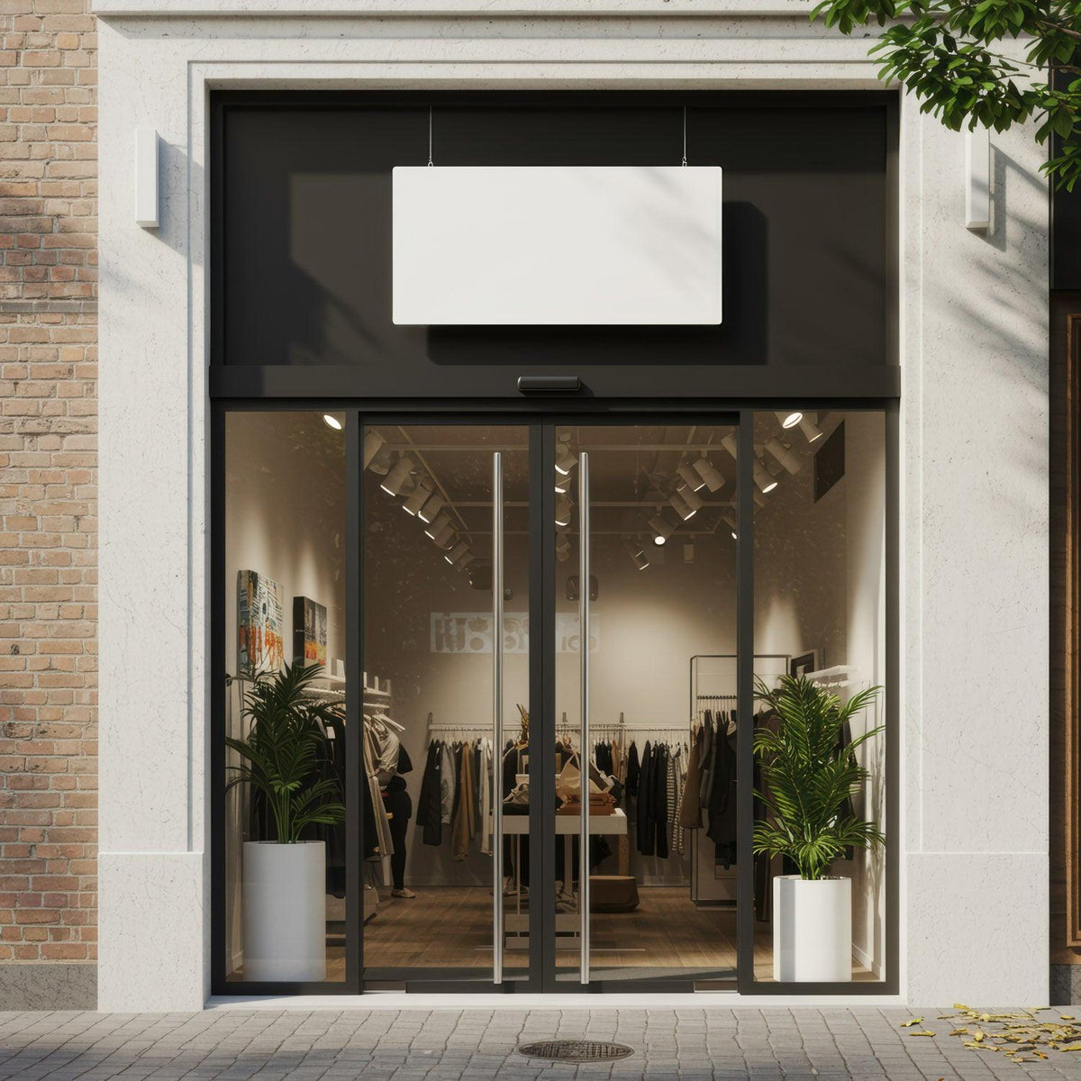 Modern clothing boutique with glass entrance and greenery JPG Mockup Image preview