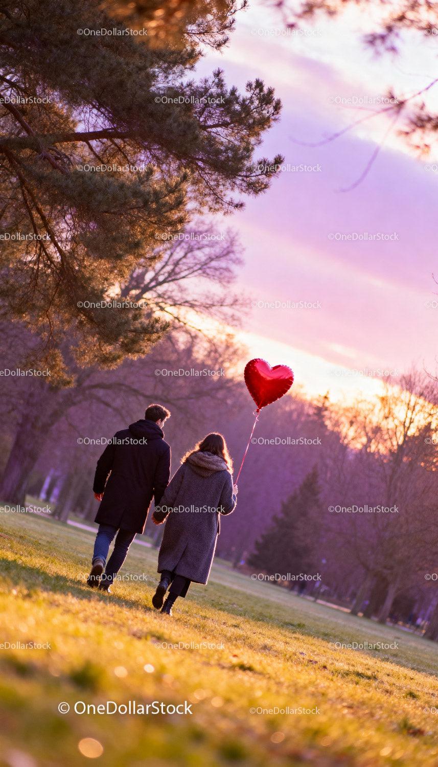 Couple walking with heart balloon in park at sunset