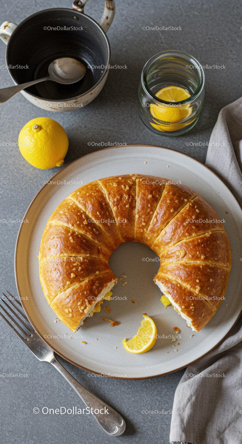 Freshly baked croissant with lemon slices on plate