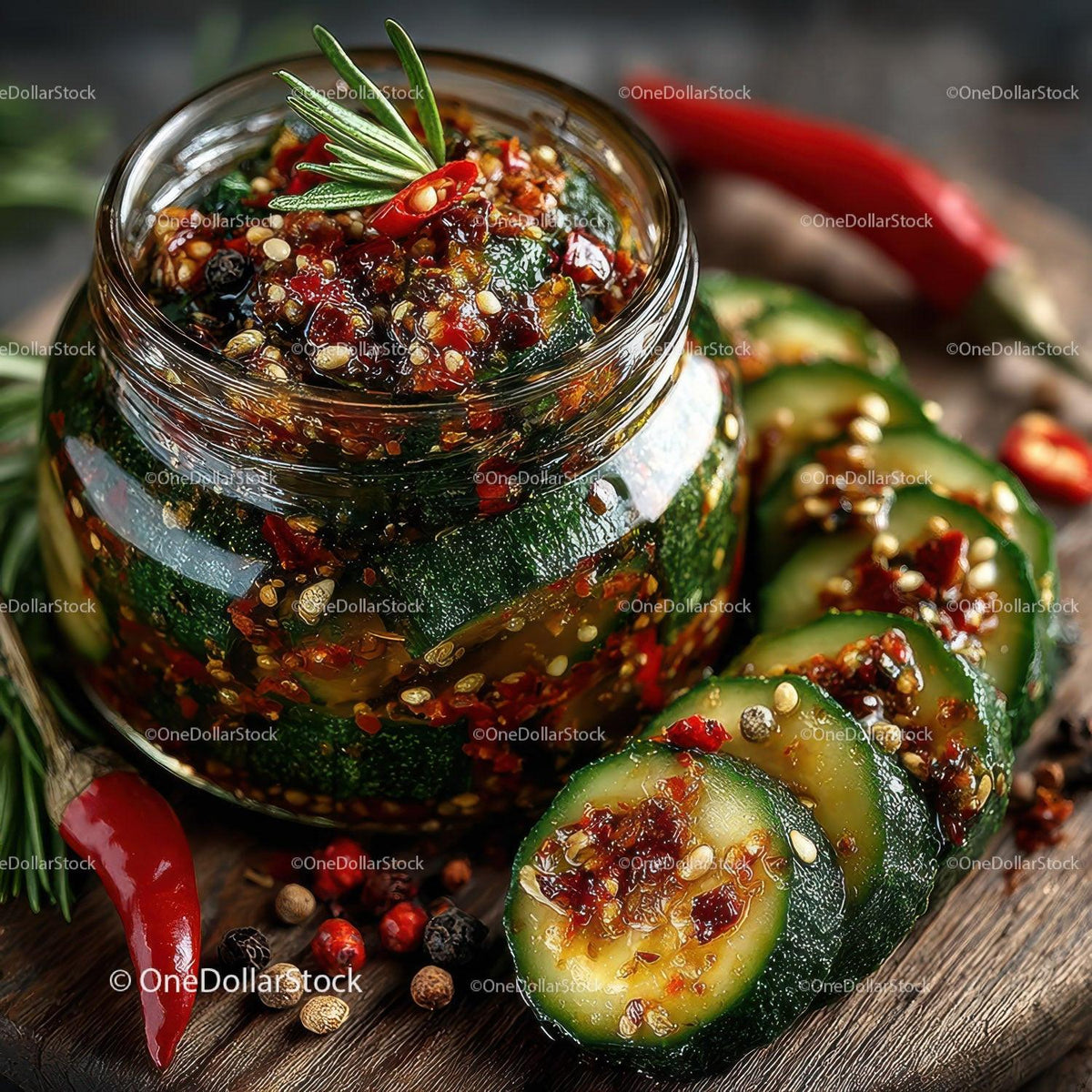 Spicy Chili Relish in a Glass Jar with Sliced Cucumbers and Herbs