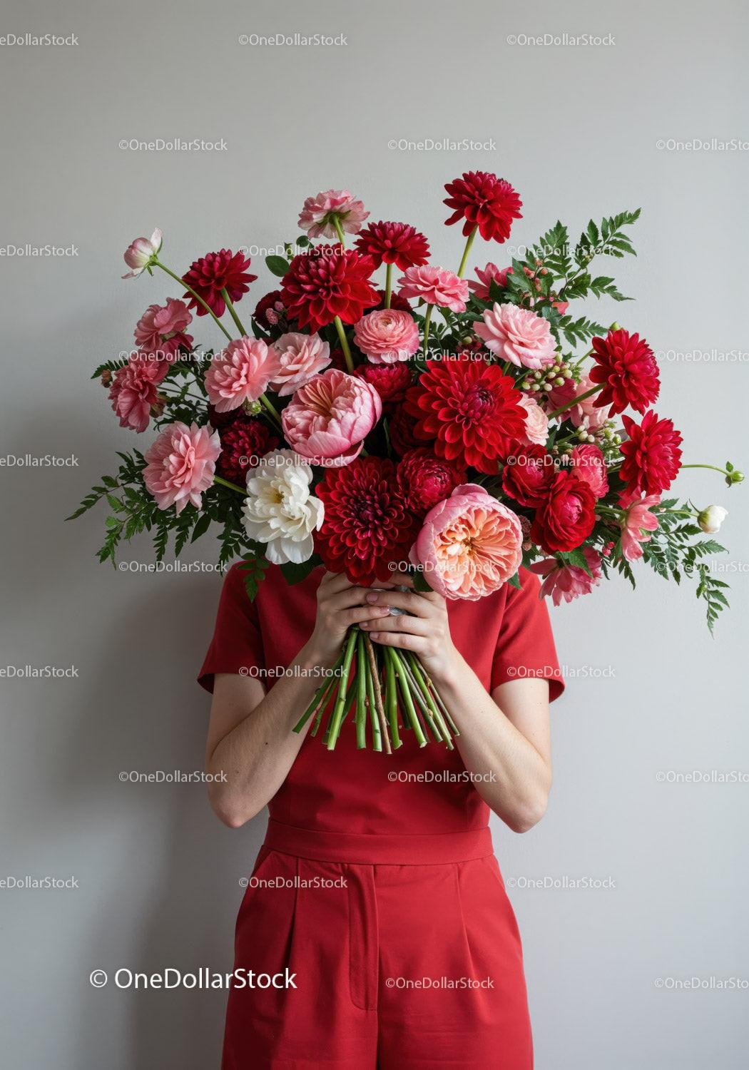 Person holding large bouquet of vibrant red and pink flowers