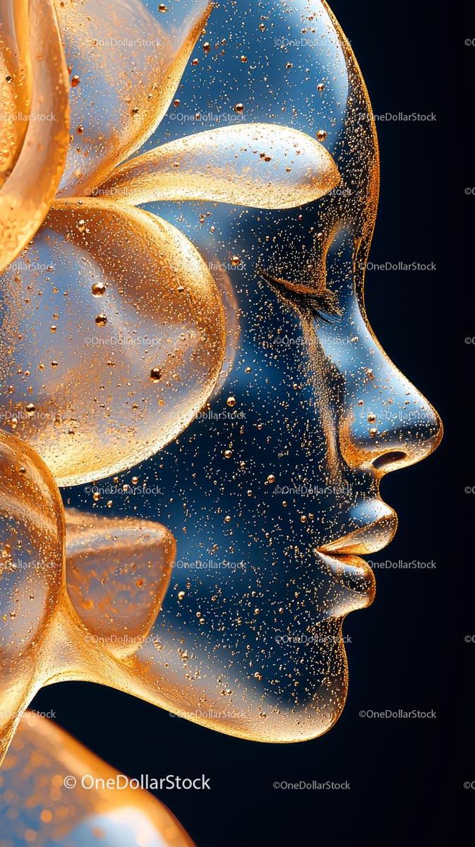 Gold and Glass Artistic Female Face Sculpture for Fashion and Art
