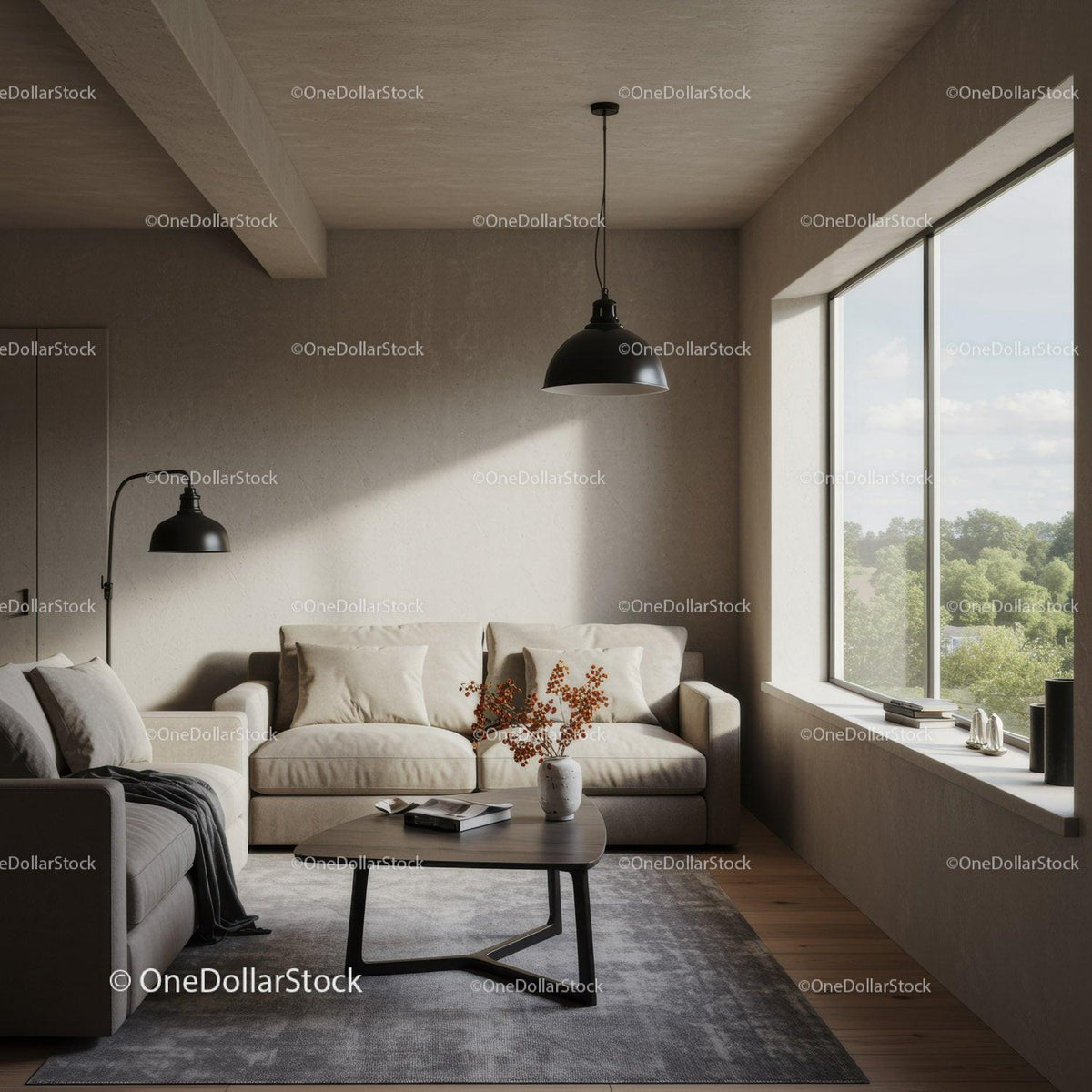Cozy Modern Living Room with Beige Sofa and Black Pendant Lighting