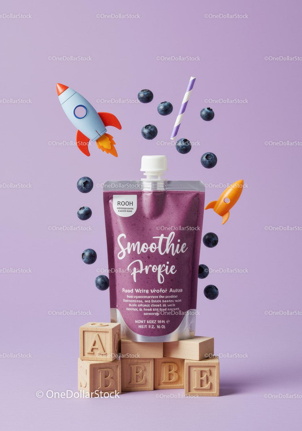 Berry smoothie pouch with playful rockets and blocks