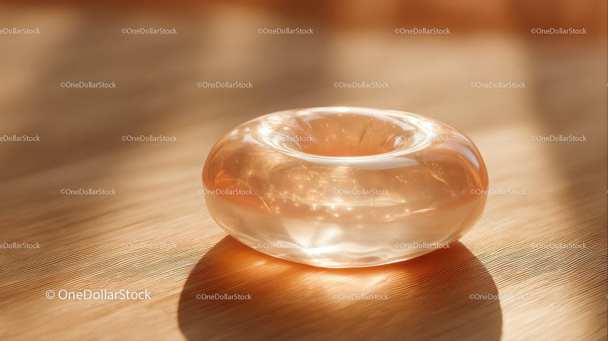 Translucent glass donut with hollow center on a wooden surface with sunlight reflections