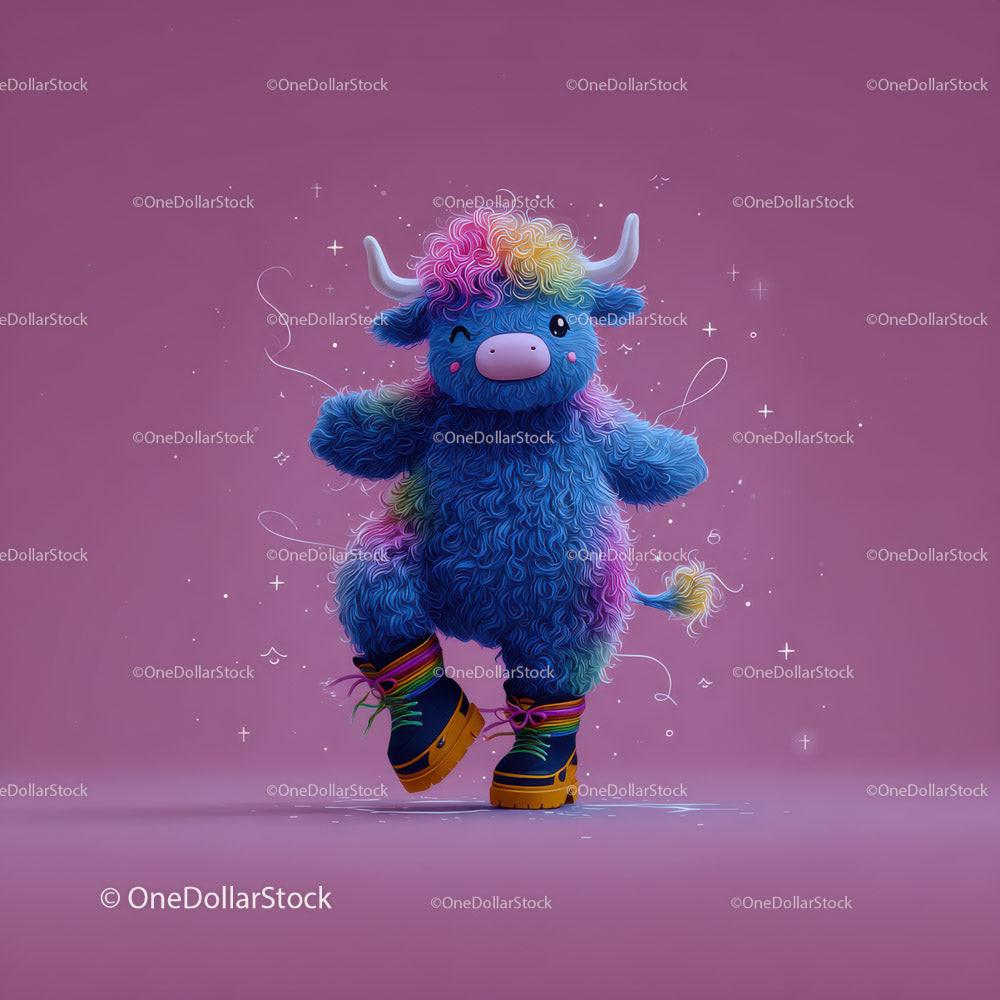 Fluffy blue bull with rainbow mane and boots winking on purple background