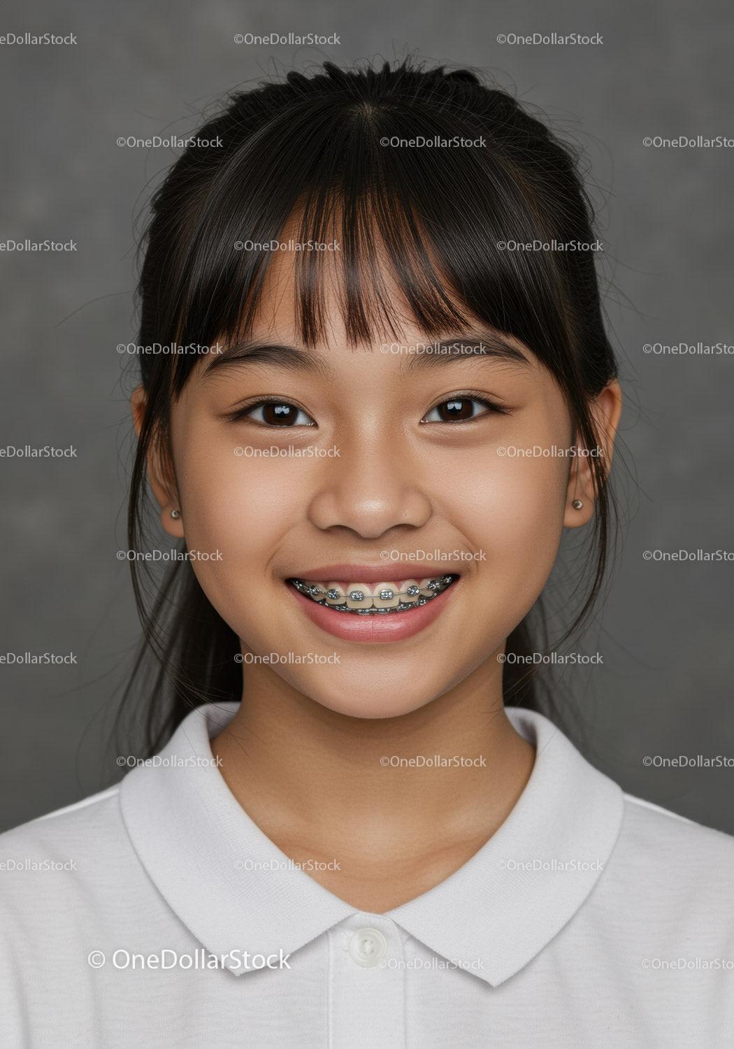 Young Girl with Braces Smiling Portrait in Casual White Shirt