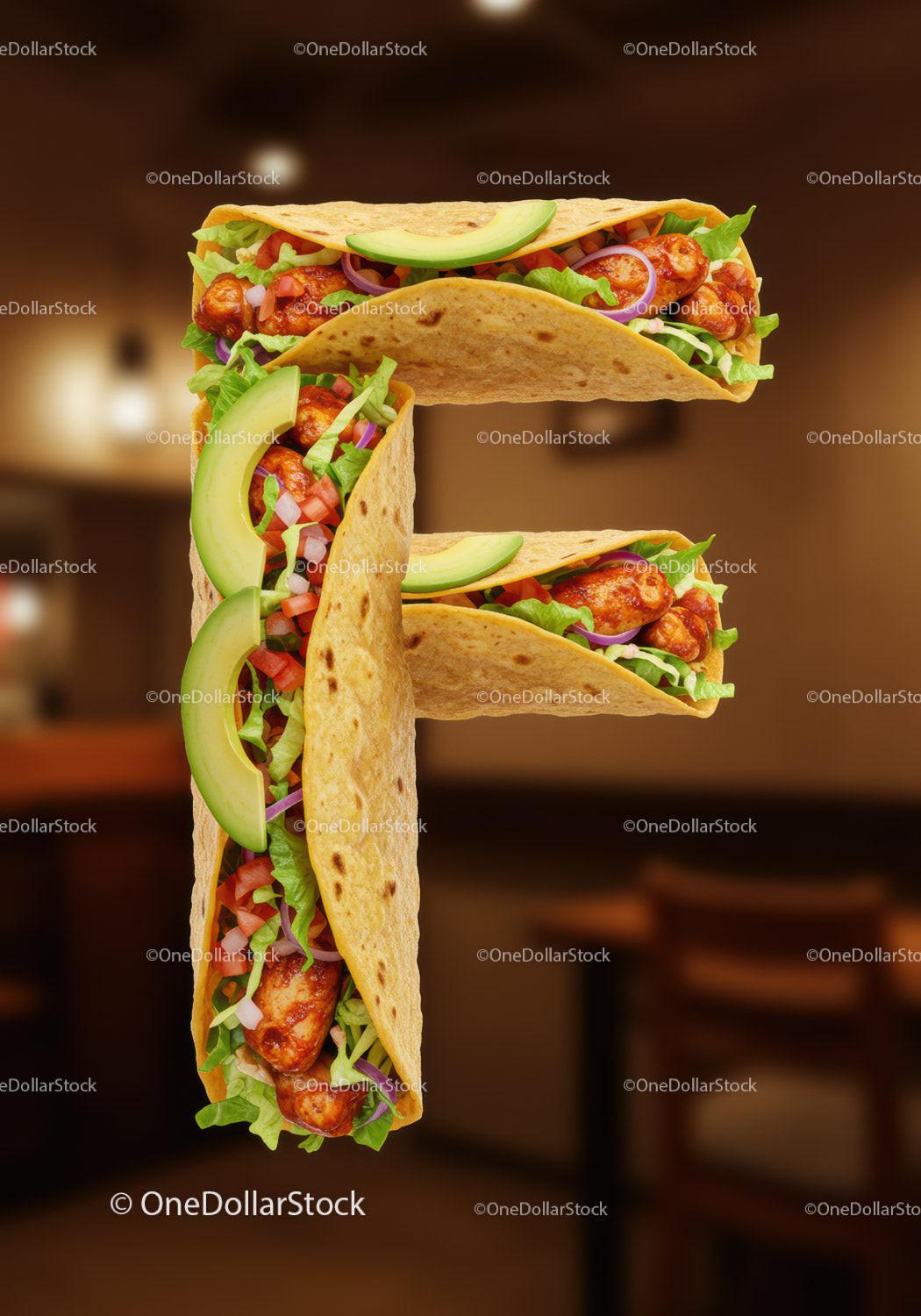 Fresh chicken tacos arranged as letter F with avocado