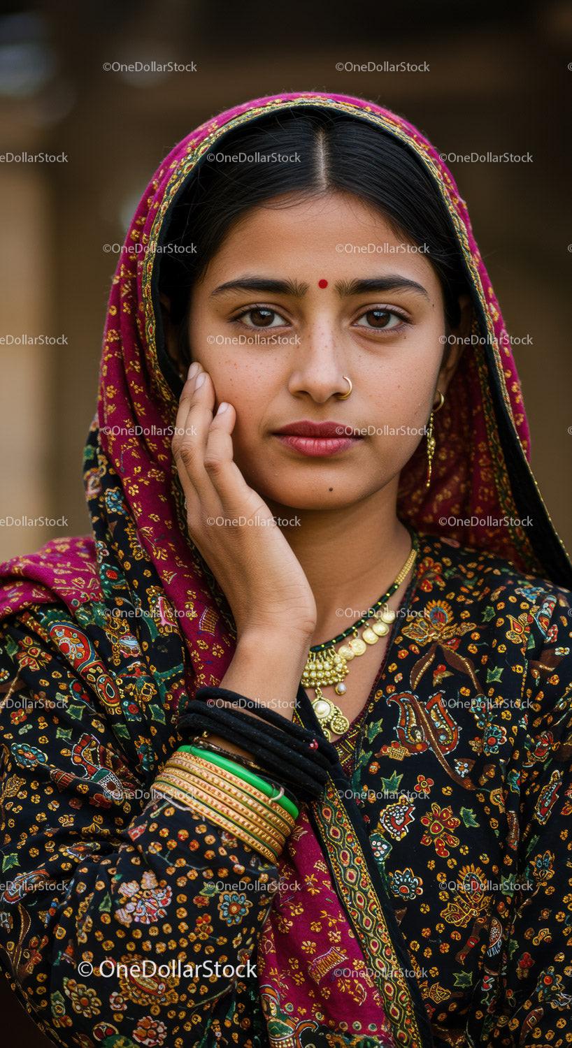 Portrait of Young Indian Woman in Traditional Saree with Jewelry