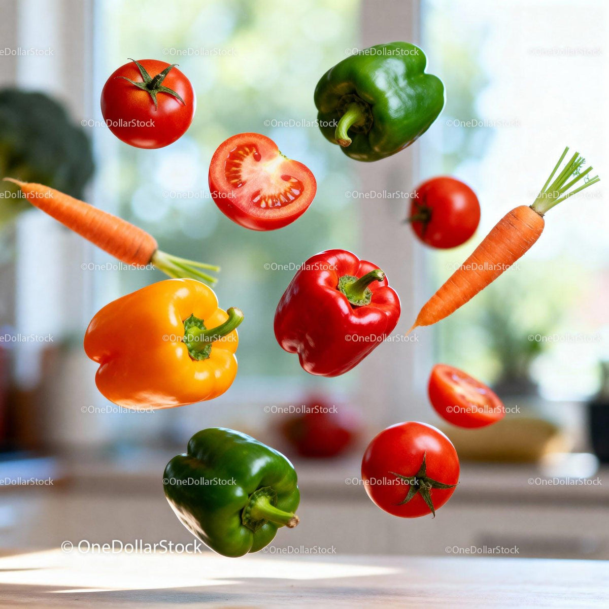 Vibrant Fresh Vegetables Floating in Bright Kitchen Light