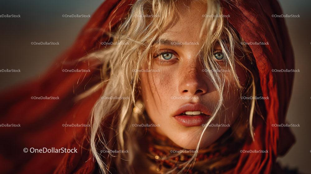 Close-up portrait of a woman with blue eyes and freckles in warm lighting