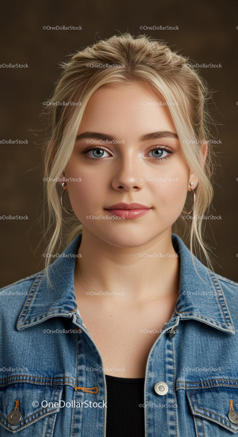 Young woman with blue eyes wearing denim jacket