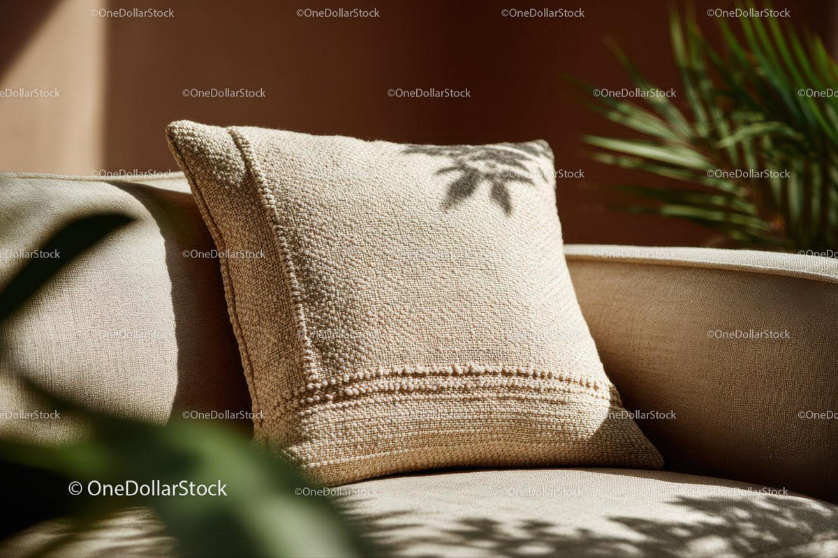 Beige Textured Cushion on Cozy Sofa with Sunlight Shadows
