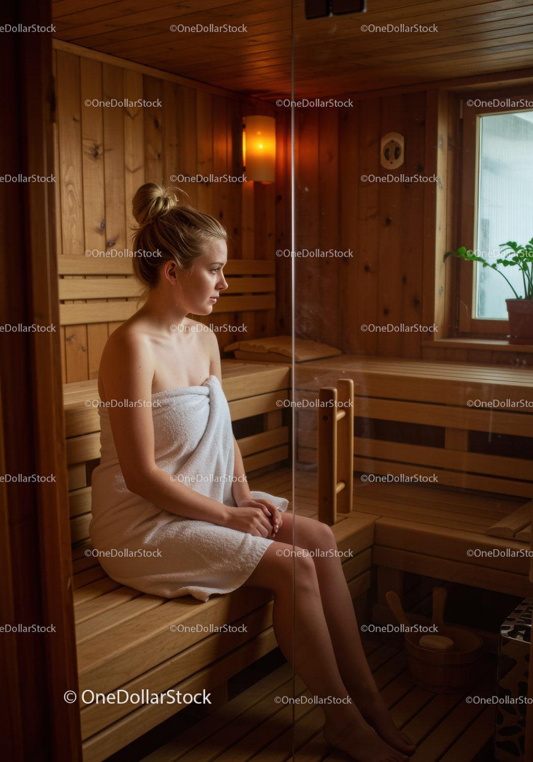 Young Woman Relaxing in Wooden Sauna Interior