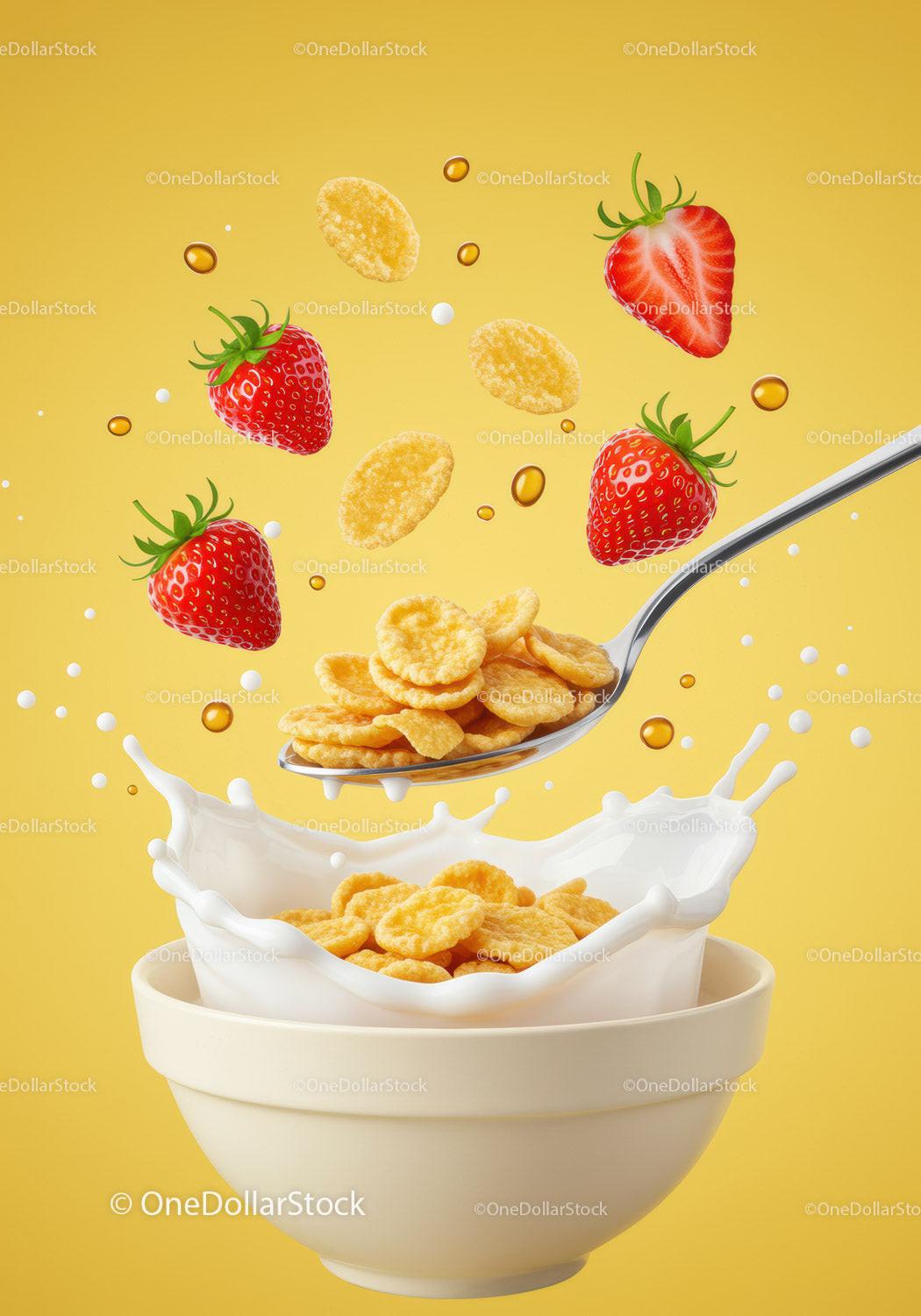 Cornflakes with fresh strawberries splash in bowl