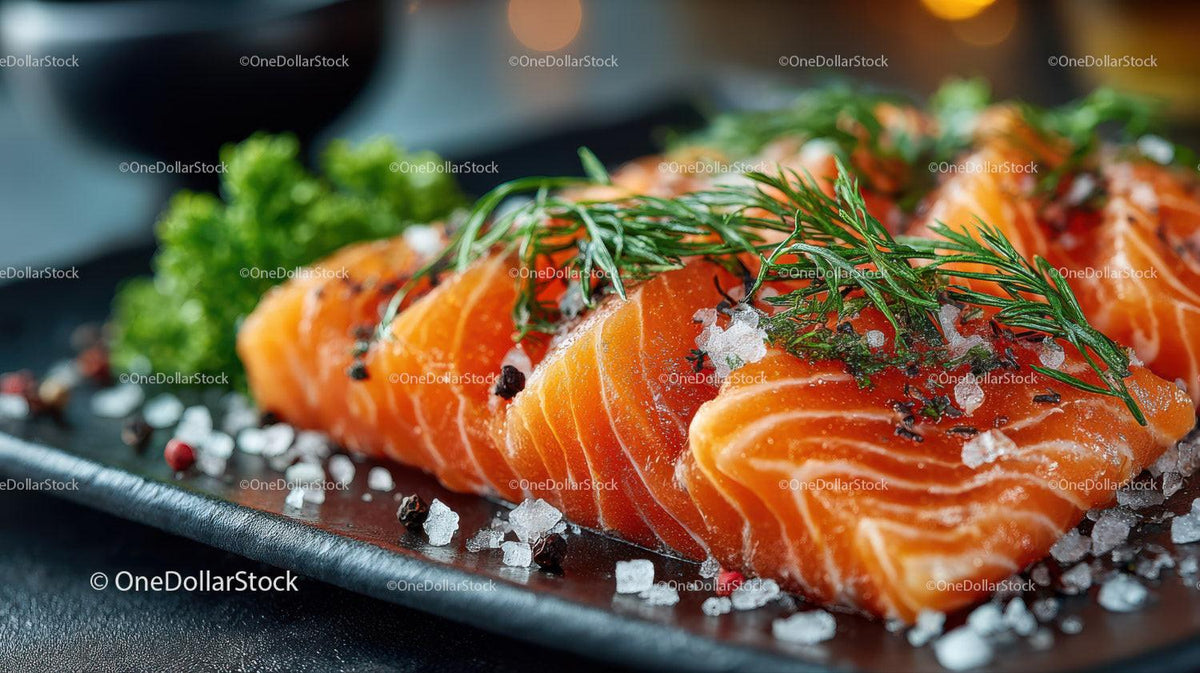 Fresh Salmon Fillets with Rosemary and Sea Salt on Black Platter