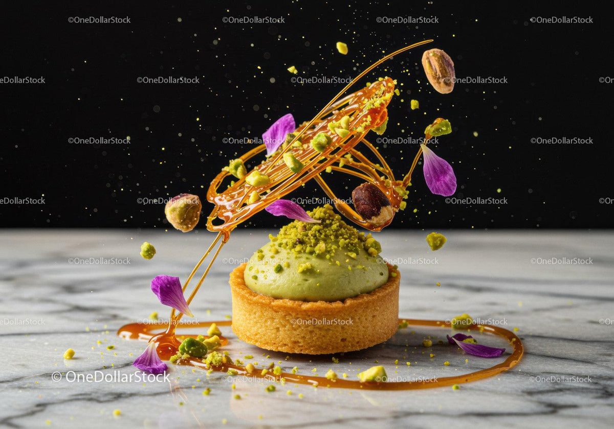 Pistachio tart with caramel and flower petals topping