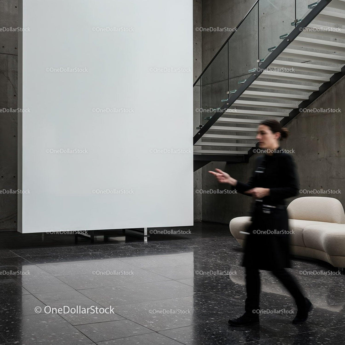 Blurred woman walking in modern minimalistic lobby JPG Mockup Image preview
