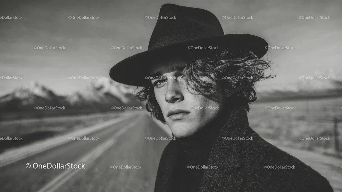 Black and White Portrait of Man with Black Hat in Mountain Landscape