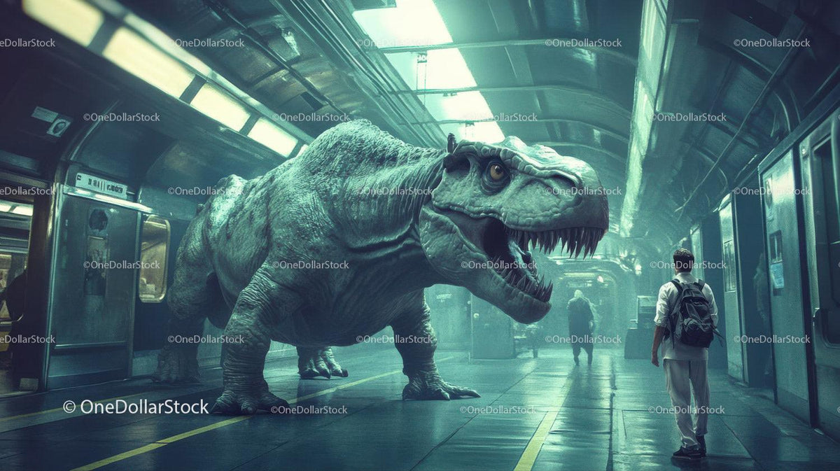 Large tyrannosaurus dinosaur with open mouth standing in subway station near passengers