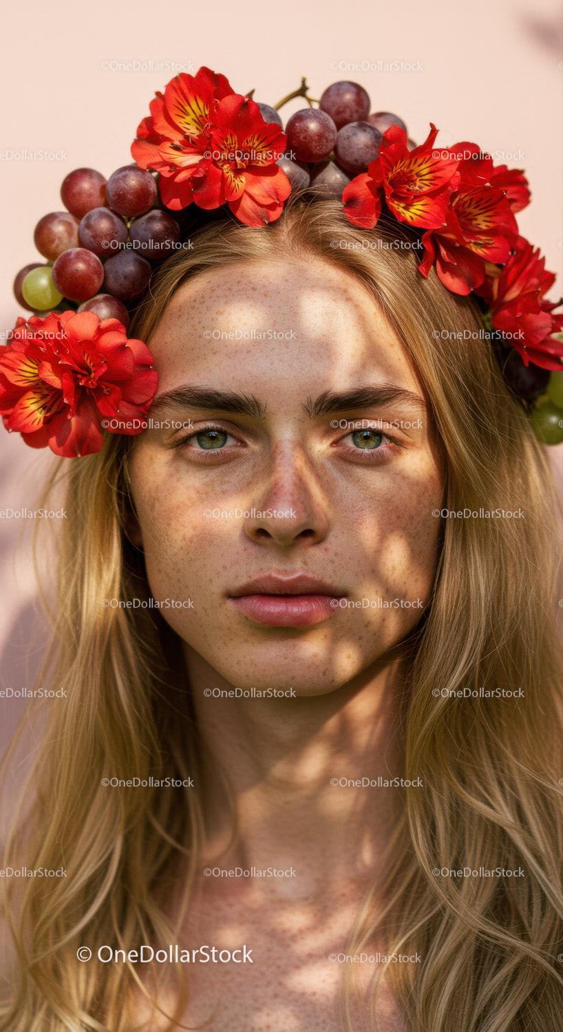 Man Wearing Floral Crown with Red Alstroemeria and Grape Flowers Stock Photo Bundle preview 10