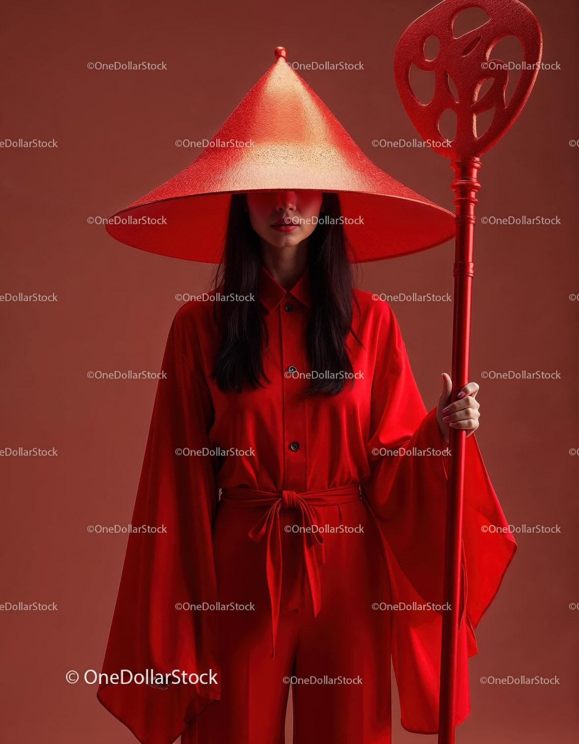 Elegant Woman in Red Dress with Accessories Against Red Background Stock Photo Bundle preview 11