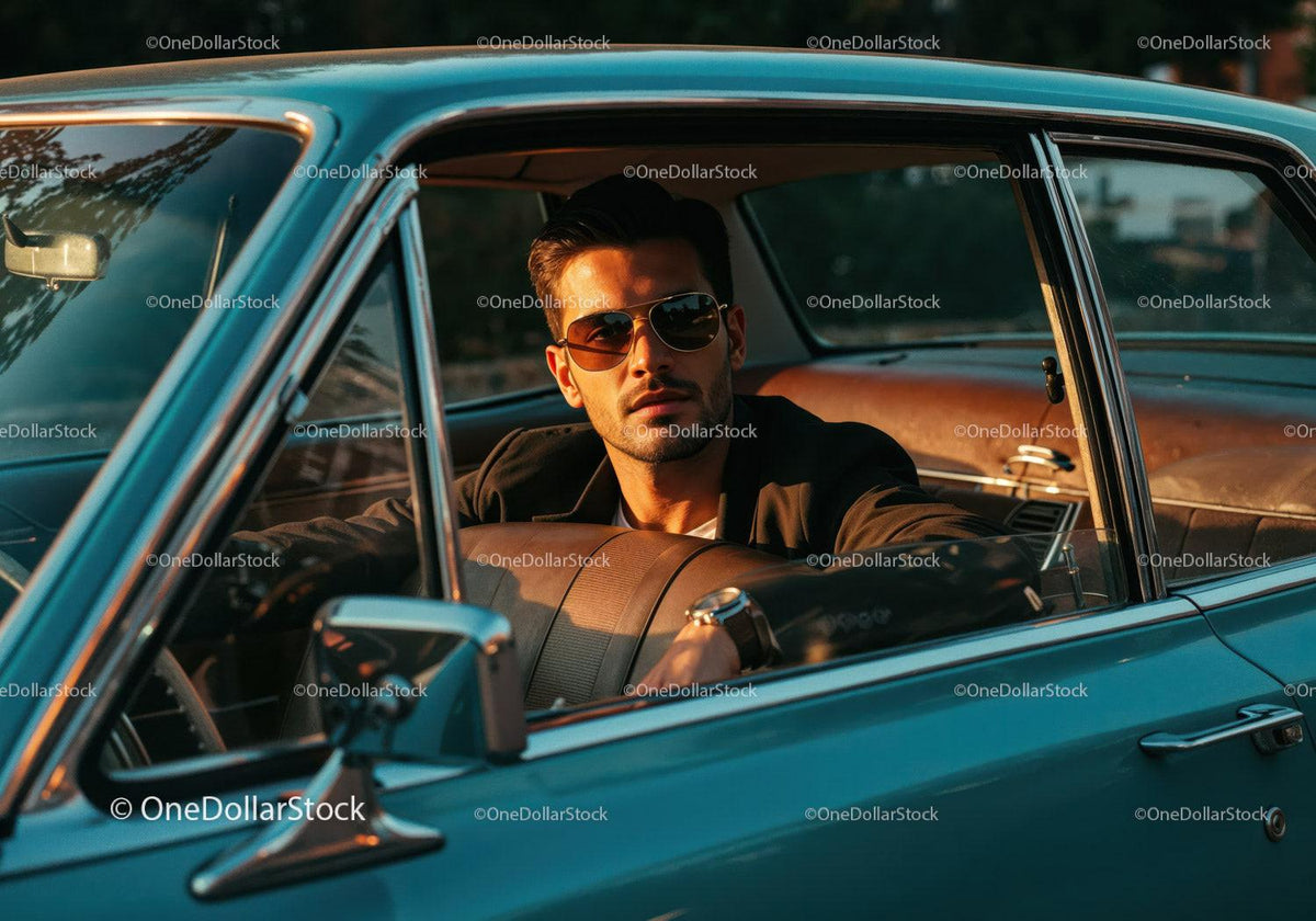 Stylish Man in Sunglasses Sitting in Classic Vintage Car at Sunset Stock Photo Bundle preview 40