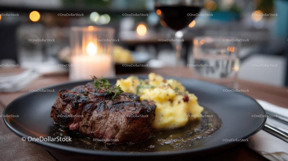 Juicy Steak with Mashed Potatoes and Herb Garnish in Elegant Restaurant Stock Photo Bundle preview 25