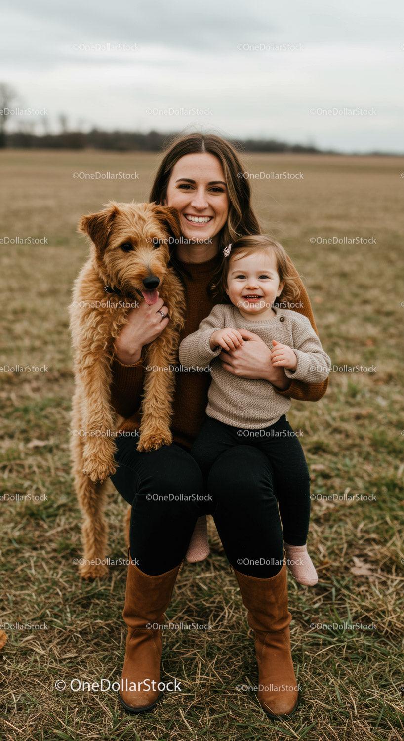 Smiling mother with toddler and dog in autumn field