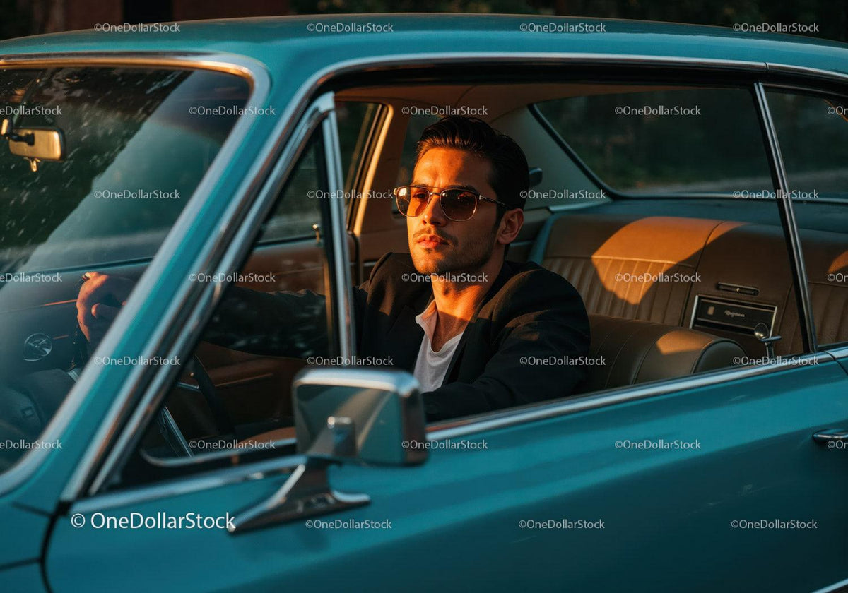 Stylish Man in Sunglasses Sitting in Classic Vintage Car at Sunset Stock Photo Bundle preview 33