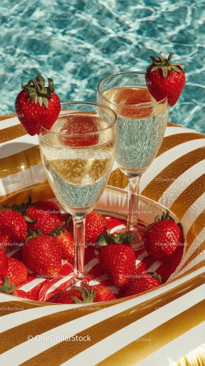 Strawberry Champagne Flutes with Fresh Fruit by Poolside
