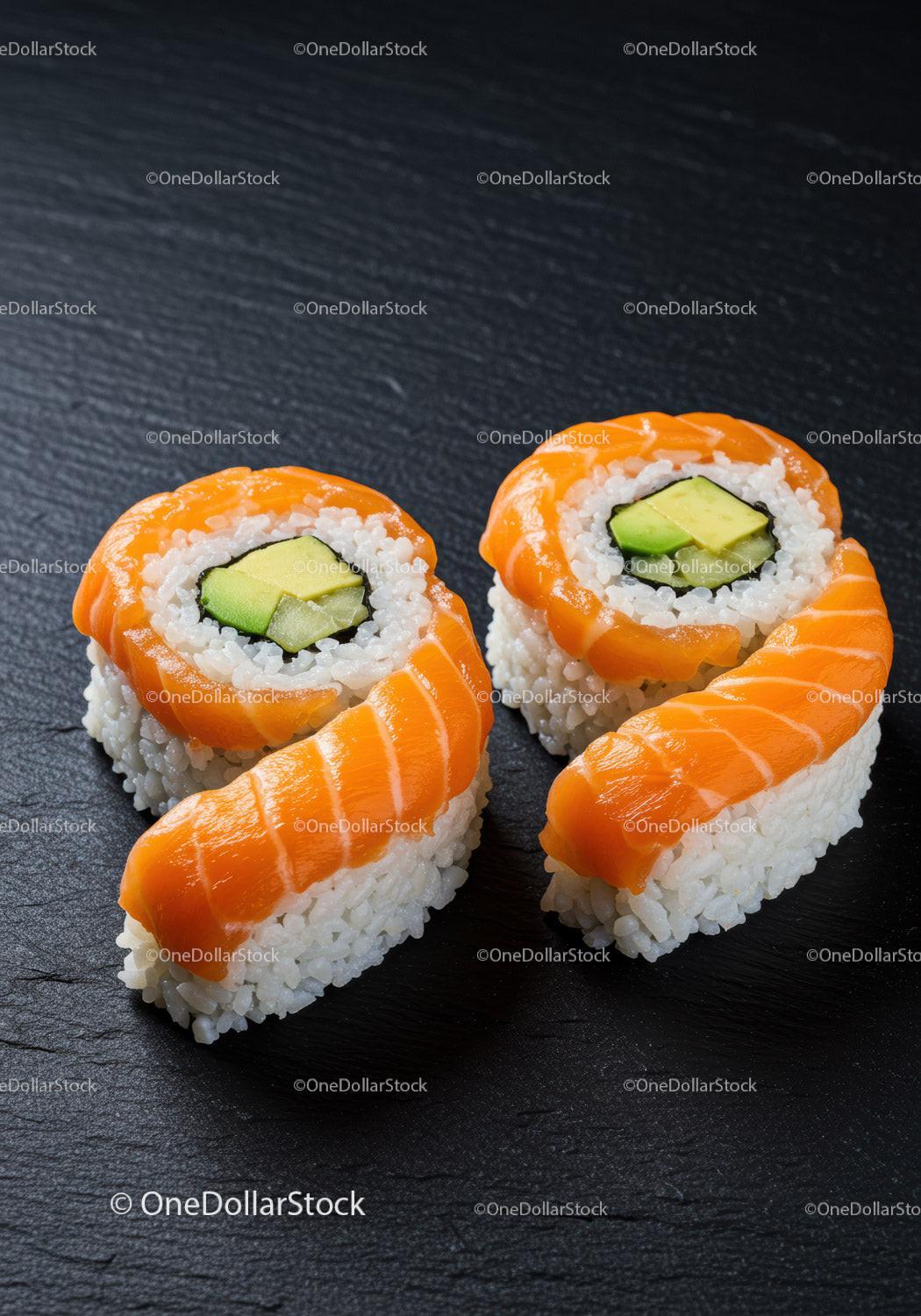 Fresh salmon and avocado sushi rolls on black slate