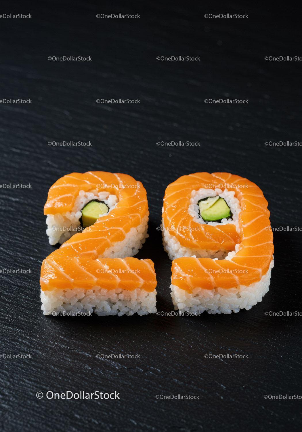 Fresh salmon sushi shaped as numbers twenty nine