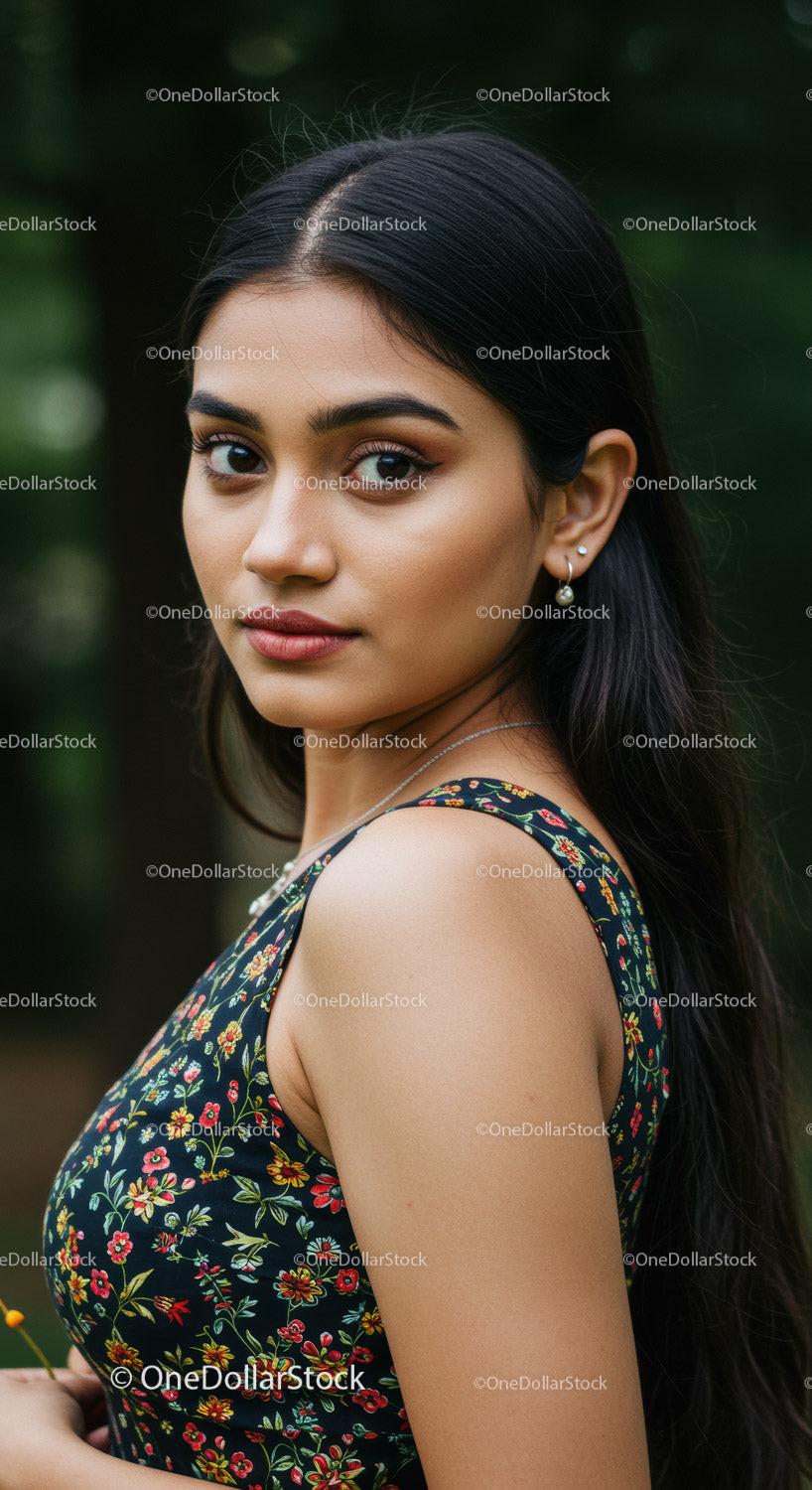 Elegant Young Woman in Floral Dress Portrait in Outdoor Setting