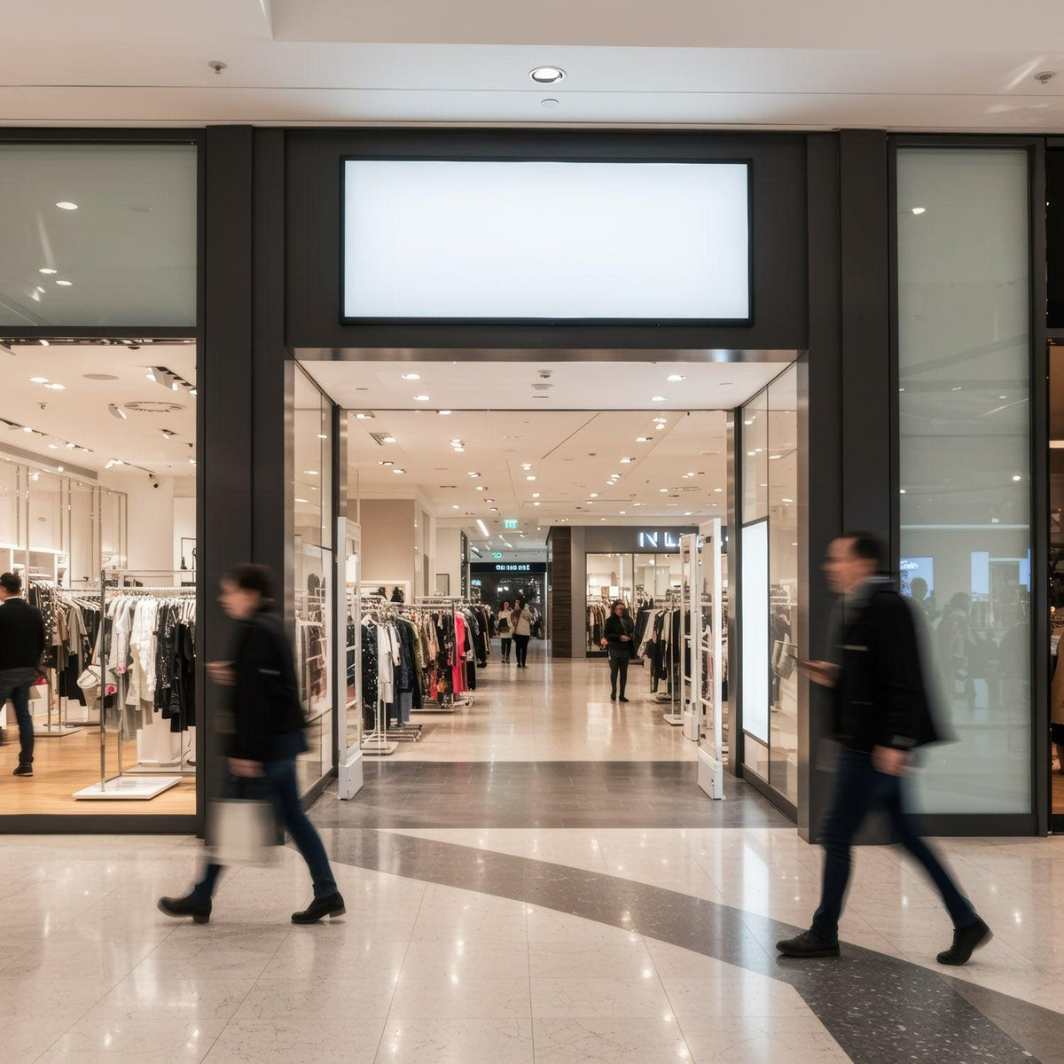 Modern clothing store entrance in busy shopping mall JPG Mockup Image preview