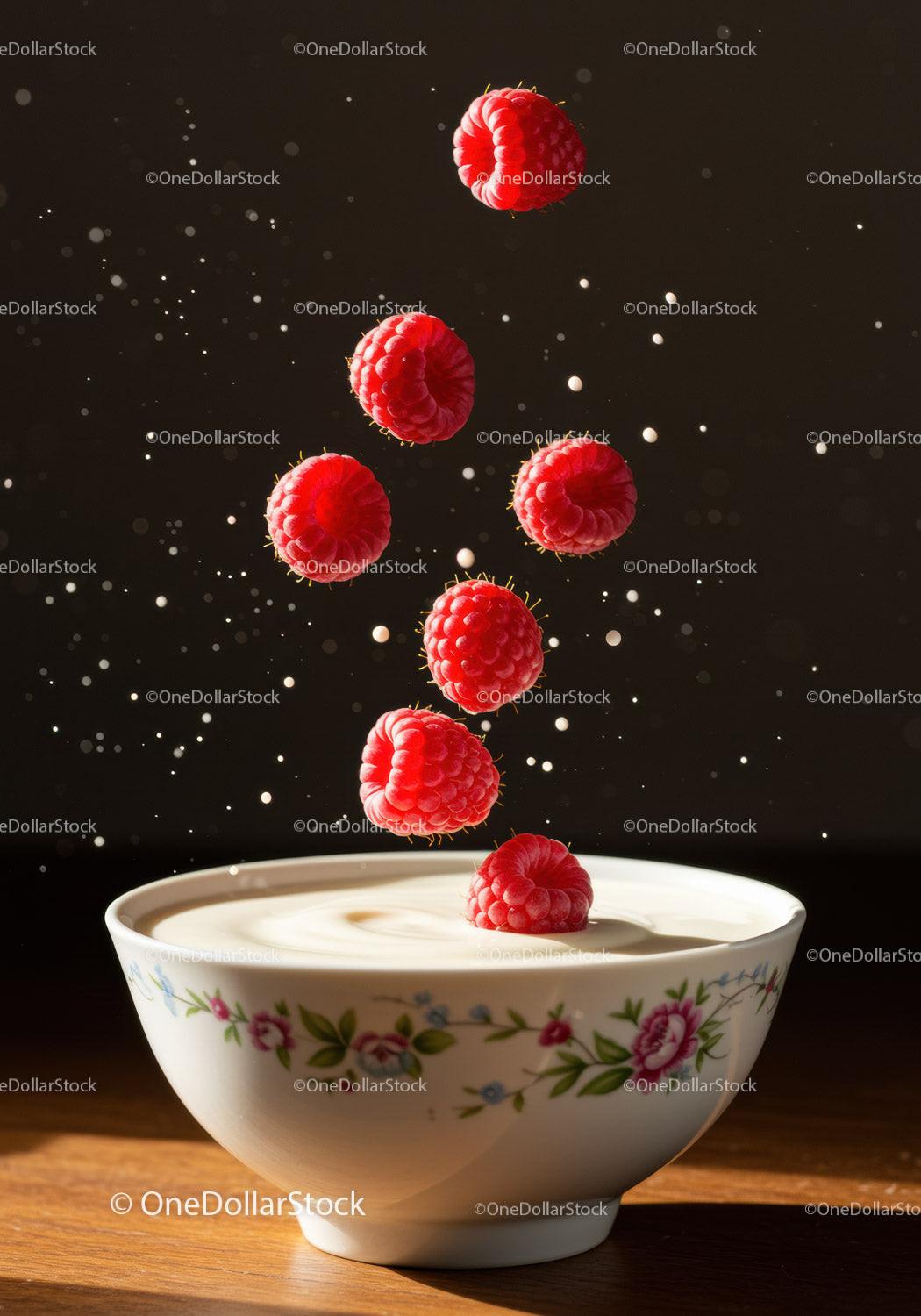 Fresh raspberries falling into creamy yogurt bowl