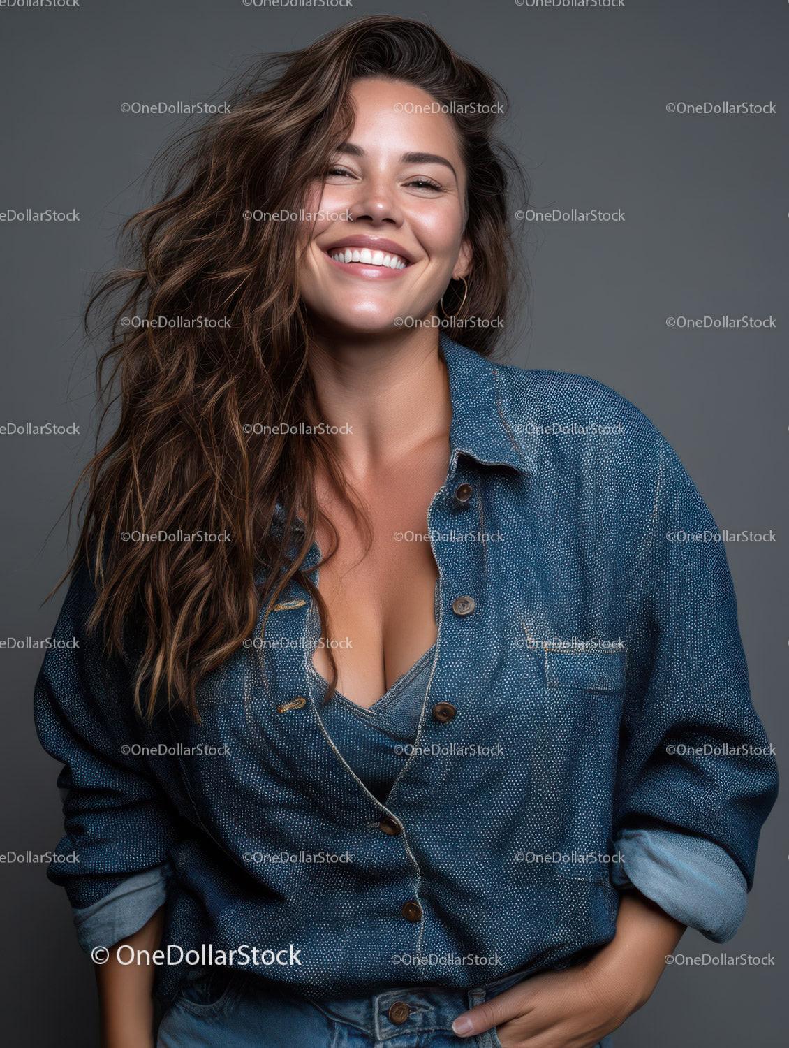 Beautiful Young Woman with Wavy Brown Hair Wearing Denim Jacket