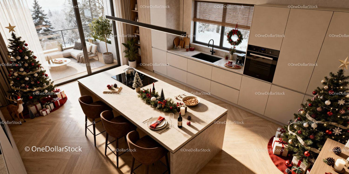 Modern kitchen decorated for a cozy Christmas celebration